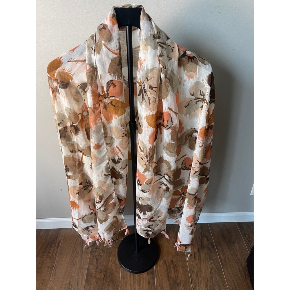 Floral Tassel Scarf Earth Tone Abstract Botanical Cotton Viscose Wrap Shawl‎